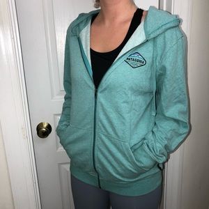 Organic Cotton Patagonia Zip-up Logo Hoody- Small Teal color